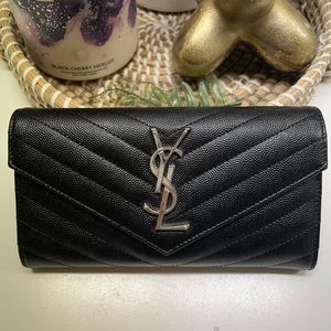 Shop Saint Laurent MONOGRAM LARGE FLAP WALLET IN METALLIZED LEATHER  (372266) by blueblue77